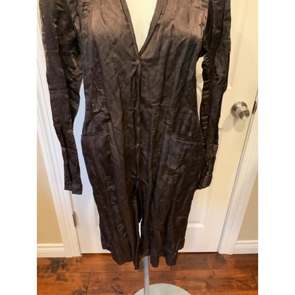 Eileen Fisher Long Brown Silky Snap Button-Up Jacket W/ Rear Vent, Size Medium - Picture 3 of 7